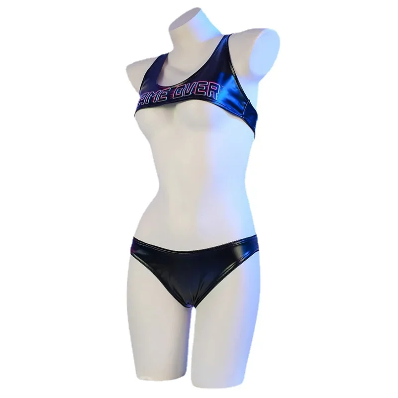 Anime Cyberpunk GAMEOVER Print Pu charol camiseta sin mangas y pantalones cortos traje Cosplay disfraz Sexy ropa interior camisón Roleplay Lencería