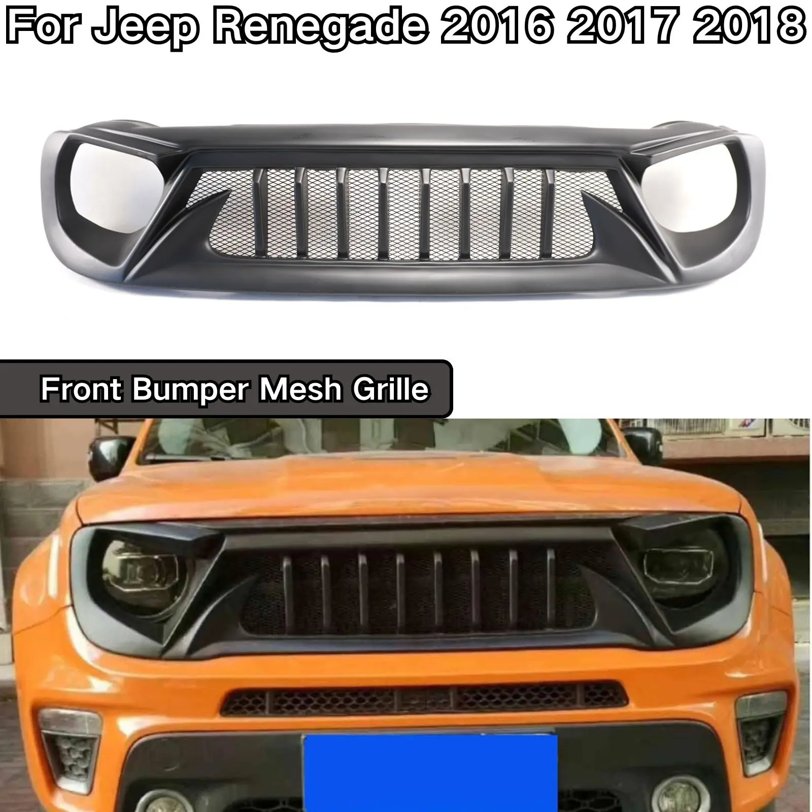 For Jeep Renegade 2016 2017 2018 Front Bumper Mesh Grille Body Kit Car Exterior Accessories Parts Carbon Fiber Style Matte Black