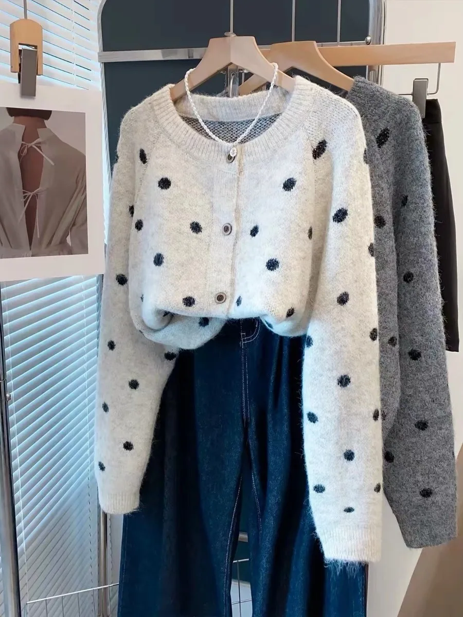 Loose Long Sleeve Knitted Cardigan Women's round Neck Open Front Sweater Autumn Winter Comfortable Soft Polka Dot Print Top