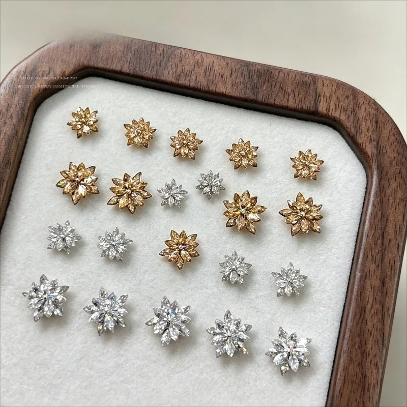 3Pcs Double Layer Snowflake Nail Rhinestones, Christmas Finished Zircon Pointback Charms Shiny DIY False Nail Art Decorations