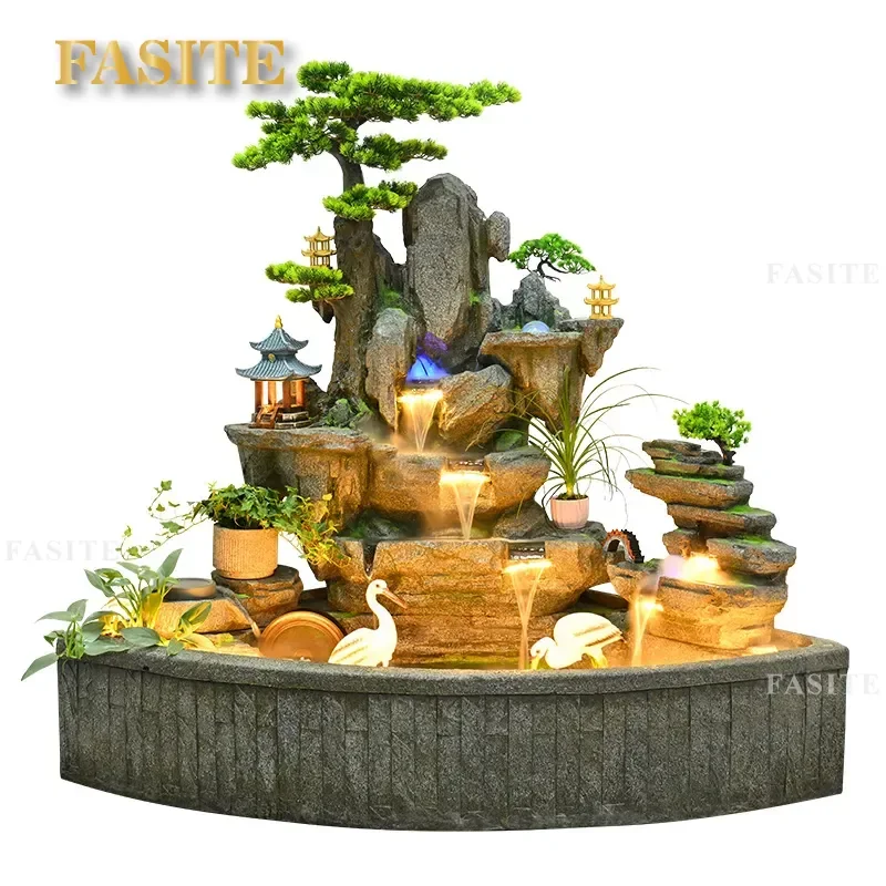 Outdoor Water Fountain with Rotating Wheel Rockery for Garden Patio Balcony Feng Shui Lucky Landscape Decor Circulating