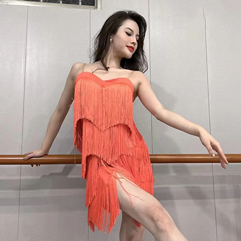 Latin Dance Dress Women Sexy Tassel Dance Costume Adult Latin Competition Dress Cha Cha Rumba Salsa Dance Fringe Dress DNV17846