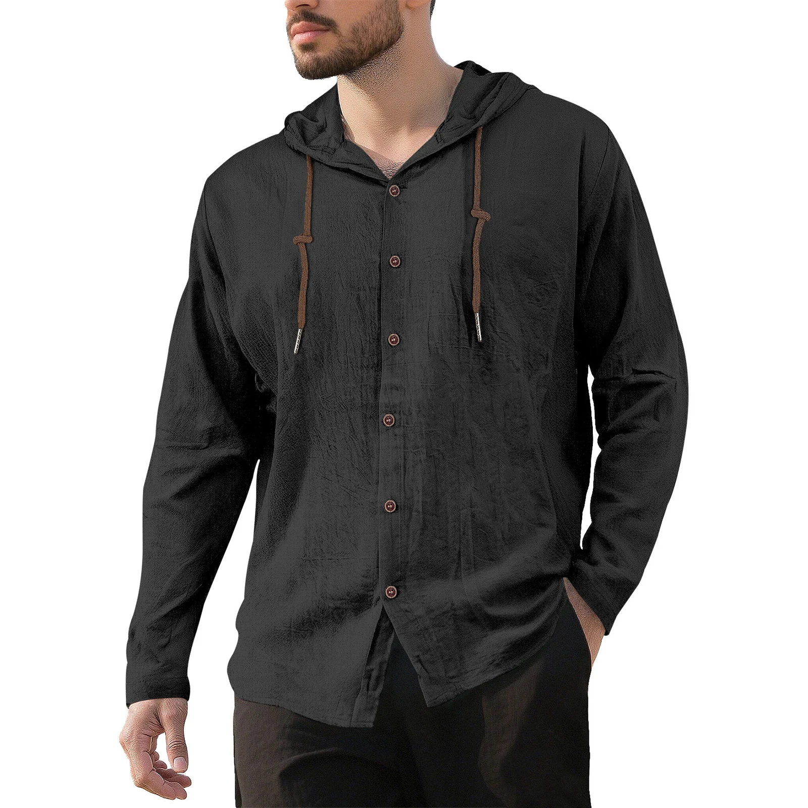 Men's hooded cotton-linen shirt spring autumn loose-fitting long-sleeved casual shirt for commuting vacation outerwear