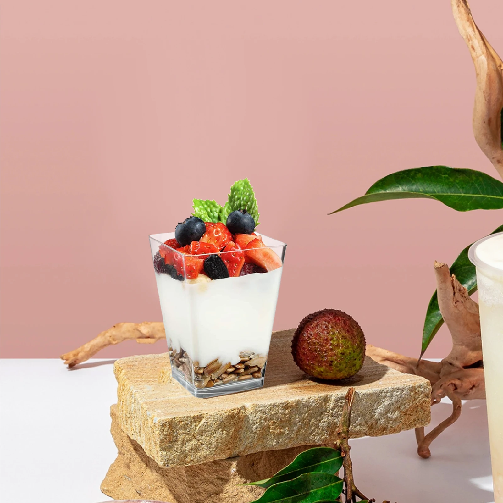 

50 Pcs Dessert Cup Transparent 150ml Material Pudding Tiramisu Household Party Portable Square Heart Spoon Included