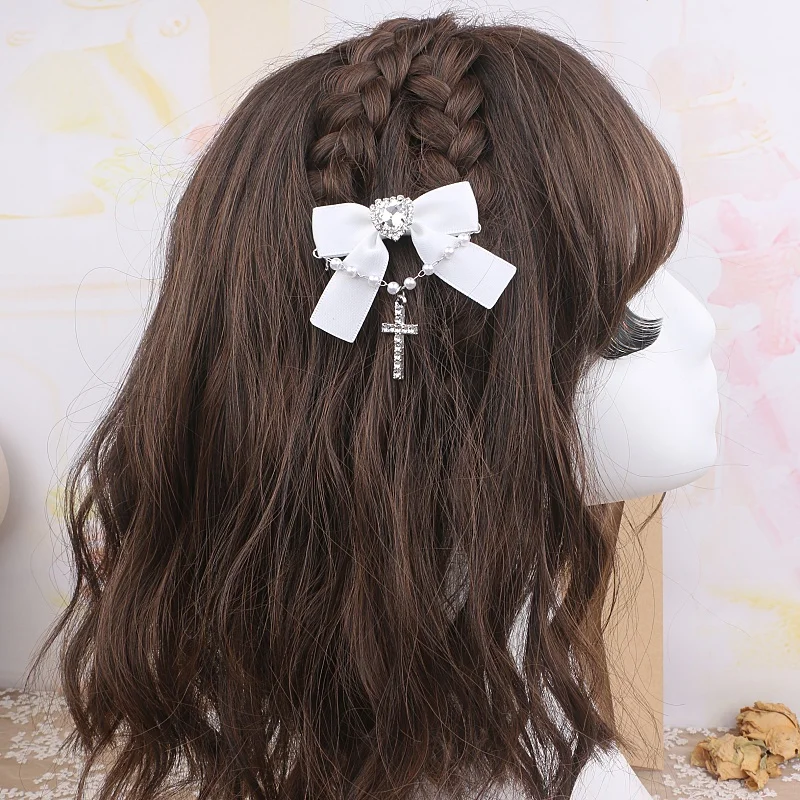 Accessories for Women Bow Hair Clips Rhinestones Cross Pendant Loria Bowknot Fashion Lolita Harajuku Y2K Girl Hair Pins