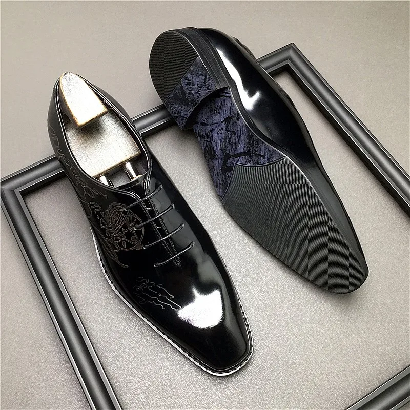 HKDQ Oxford  Men Dress Shoes Genuine Leather Fashion Wedding Brogue carving blue Lace Up Business Shoes Formal Black Party Shoe