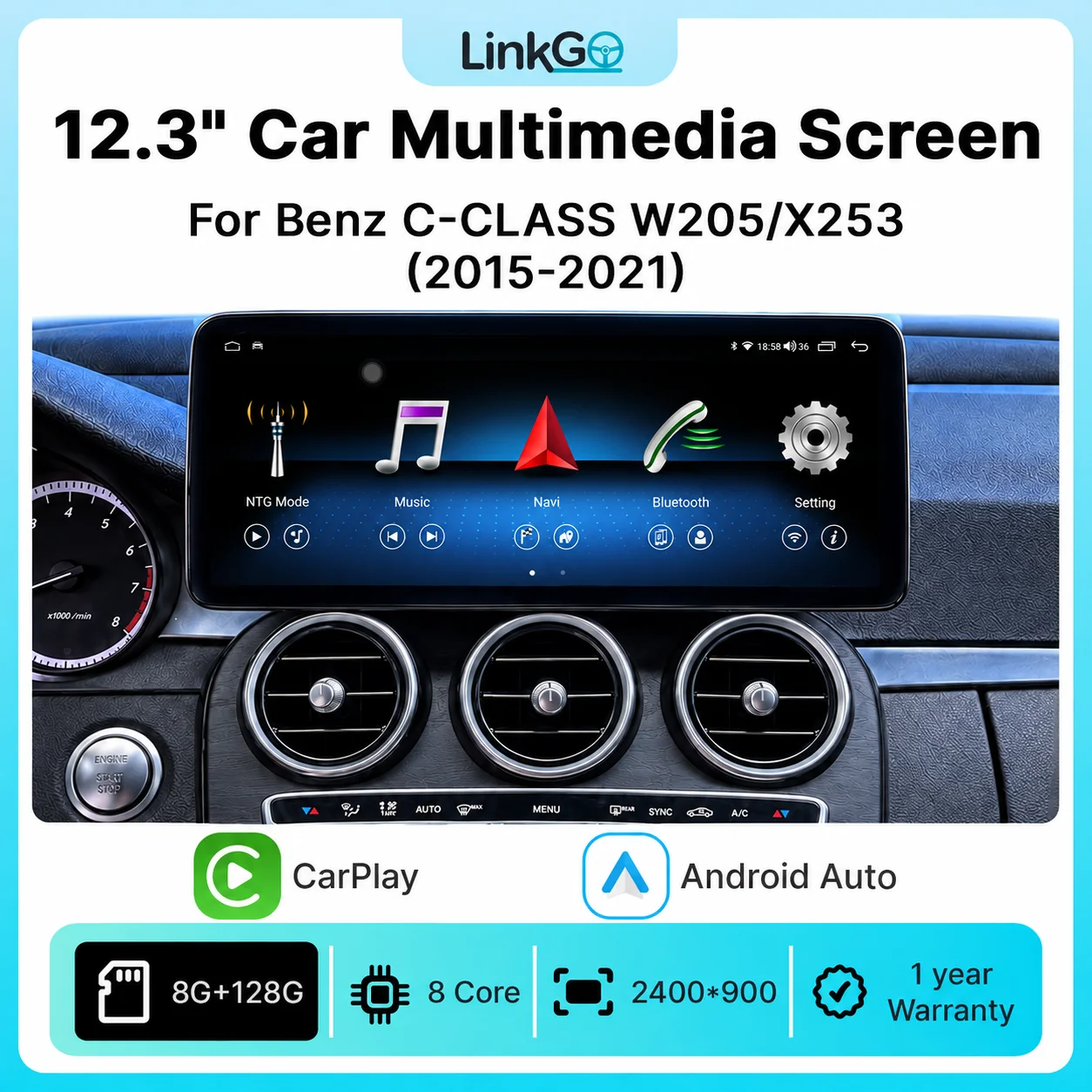 Android Car Multimedia Player with 12.3 Inch Touchscreen for Mercedes Benz C Class W205 X253 2015-2021 CarPlay Android Auto GPS