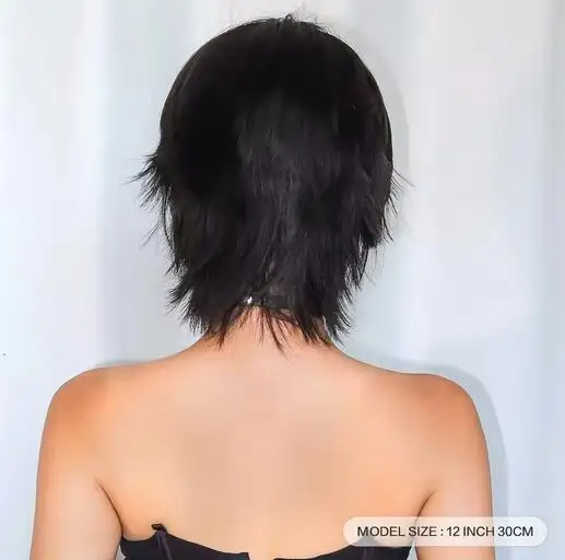 12 Inch Short Mullet Head Wigs With Bangs Short Straight Black Synthetic Wig For Women Short Pixie Cut Wigs For Daily Party Use