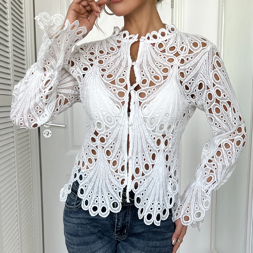 Stand Collar Blouse for Women Made from Breathable Knit Fabric with Hollow Lace Embellishment and Bell Sleeves