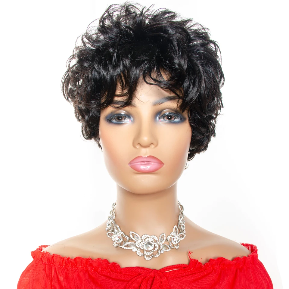 Short Human Hair Wigs Pixie Cut Wig With Bangs Brazilian Loose Curly Full Machine Made Wigs For Women  Remy Hair 0051