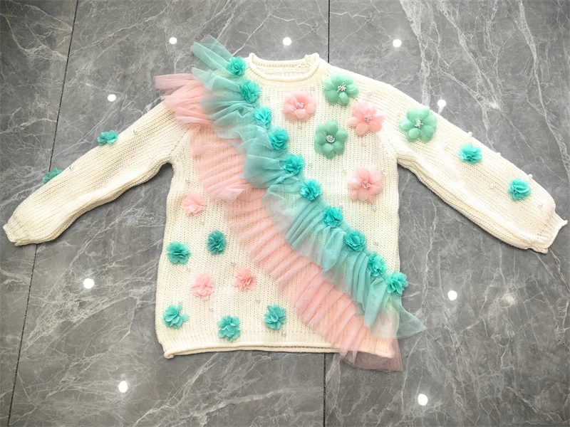 الفاخرة نمط شبكة غرزة الزهور المرأة سترة الخريف الشتاء ملابس طويلة الأكمام ملابس خارجية بلوفر مغزول أعلى سحب فام