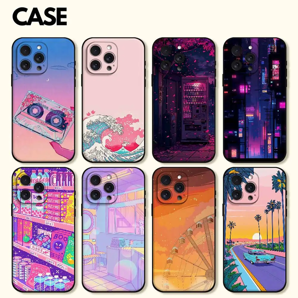 Vaporwave Art Handyhülle für iPhone 17, 16, 15, 14, 13, 12, 11, PRO MAX PLUS, Mini-TPU, weich bis hautfreundliche Hülle