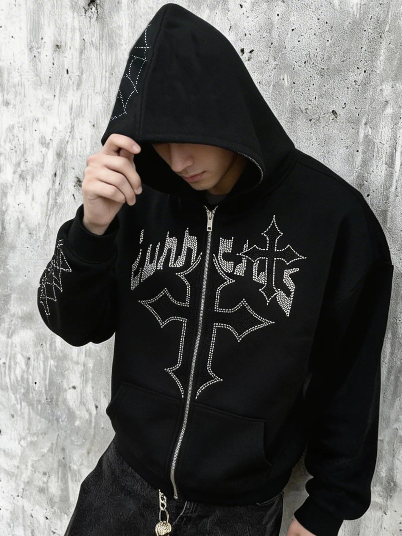 INS Street Tide Gothic Long Sleeve Sweatshirt Ladies Casual Loose Top Y2K Fashion Hoodie Rhinestone Letter Cross pattern Hoodie