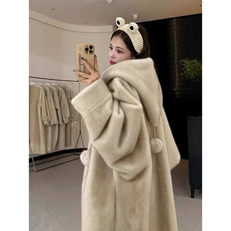 Rabbit Coat, Long Hooded Thickened Fur Ball Imitation Mink Fur Integrated Coat, Women's Autumn and Winter New 2024