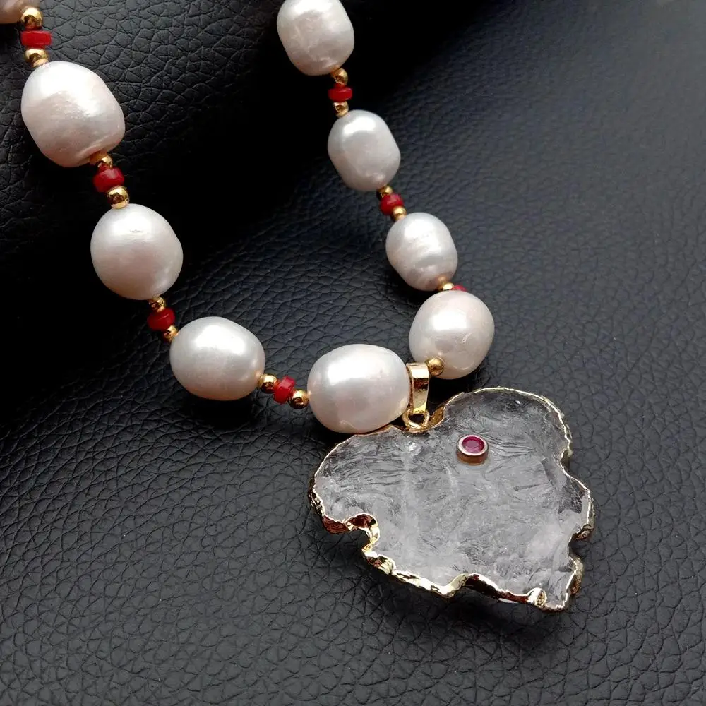 Y·YING Freshwater White Rice Pearl Red Coral Necklace White Quartz Rough Raw Leafage Pendant