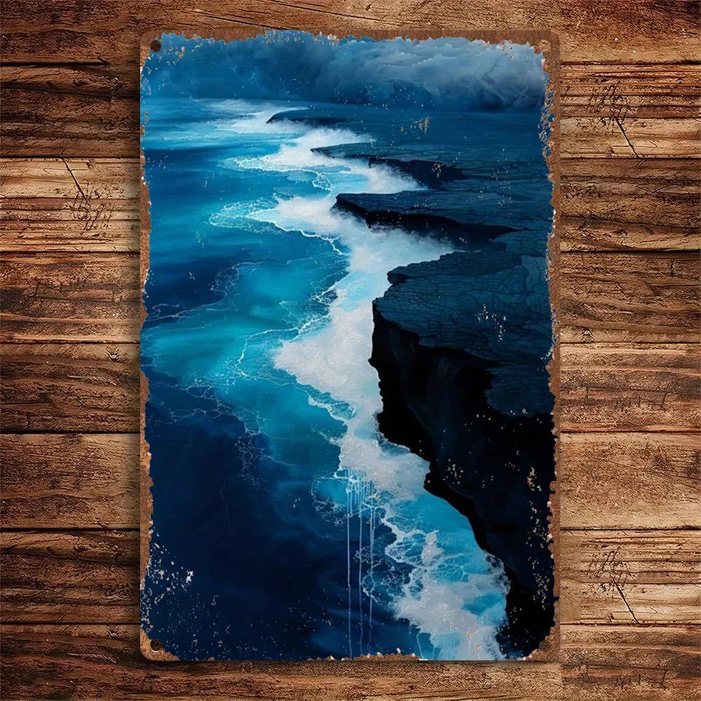 1pc Vintage Metal Tin Sign - Ocean Waves & Cliffs Coastal Wall Art DecorEasy Hang Pre-Drilled Holes - Housewarming