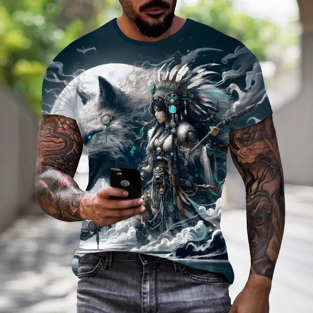 

Trendy men's casual T-shirt 3D digital printing cool warrior pattern short sleeved loose round neck versatile top for men