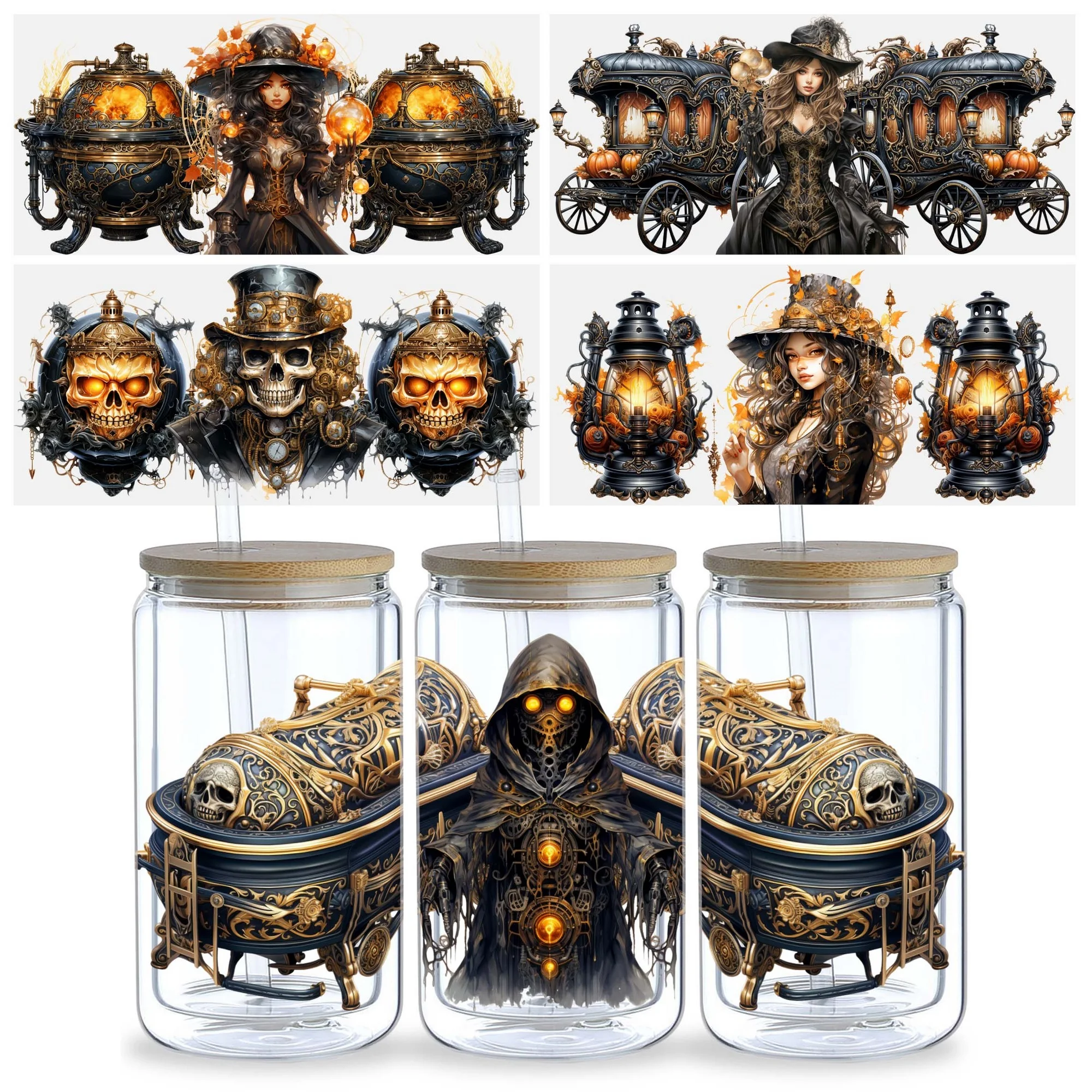 5 sheets Halloween Steampunk UV DTF cup stickers,  waterproof steampunk style wipe transfer paper, suitable for 16 oz glass