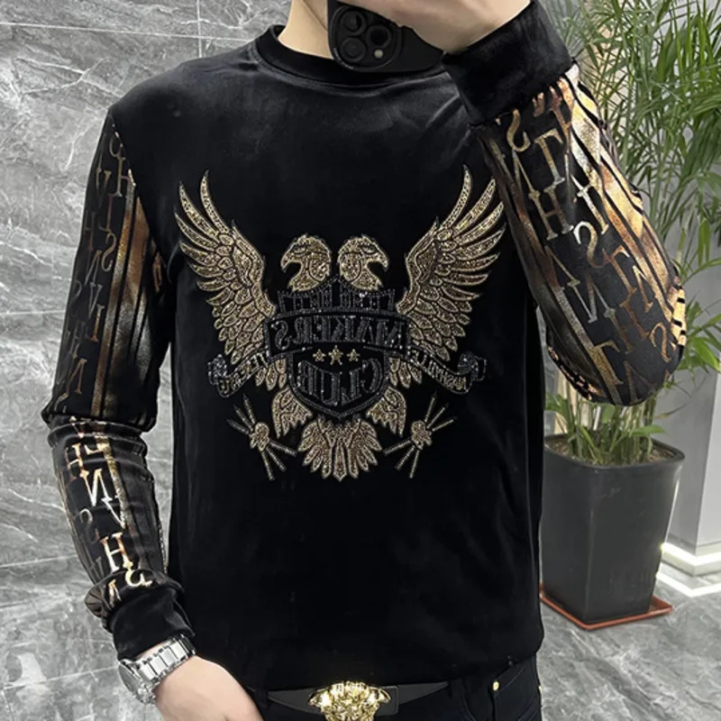 Luxury Winter Men\'s Golden Velvet Sweater Long Sleeve Round Neck Basecoat Light  European Hot Diamond Personalized T-shirt