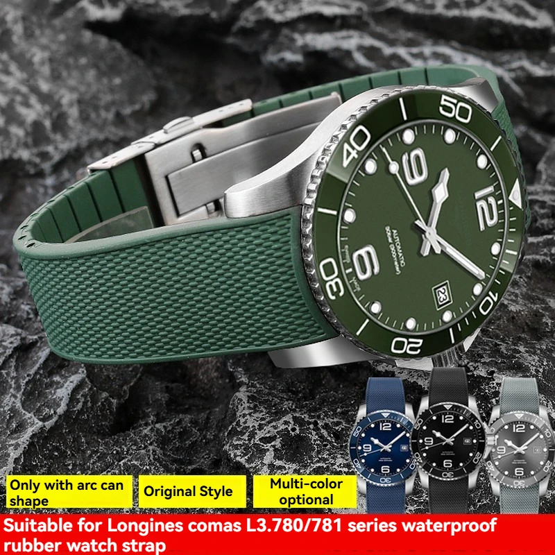 For Longines HydroConquest L3.781/642/742/782 21mm Blue Silicone Dive Watch Band - Curved End Rubber Strap Replacement