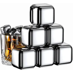 6 PC Whiskey Reusable Ice Cubes 304 Stainless Steel Metal Beverage Chilling Rocks with Ice Cube Trays Gift Sets