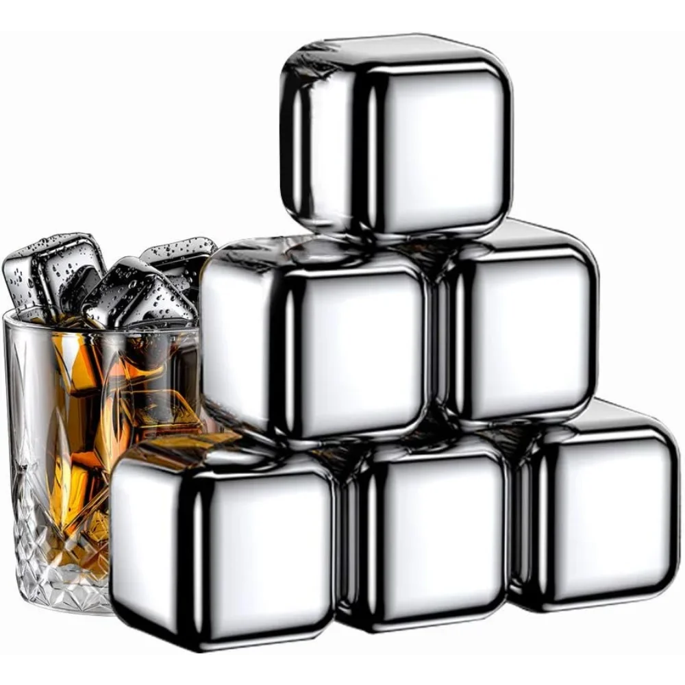 6 PC Whiskey Reusable Ice Cubes 304 Stainless Steel Metal Beverage Chilling Rocks with Ice Cube Trays Gift Sets