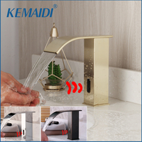 KEMAIDI Brush Gold Bathroom Basin Faucet Deck Mounted Automatic Sensor Water Mixer Crane Free-Touch Sensor Bathroom Sink Faucets