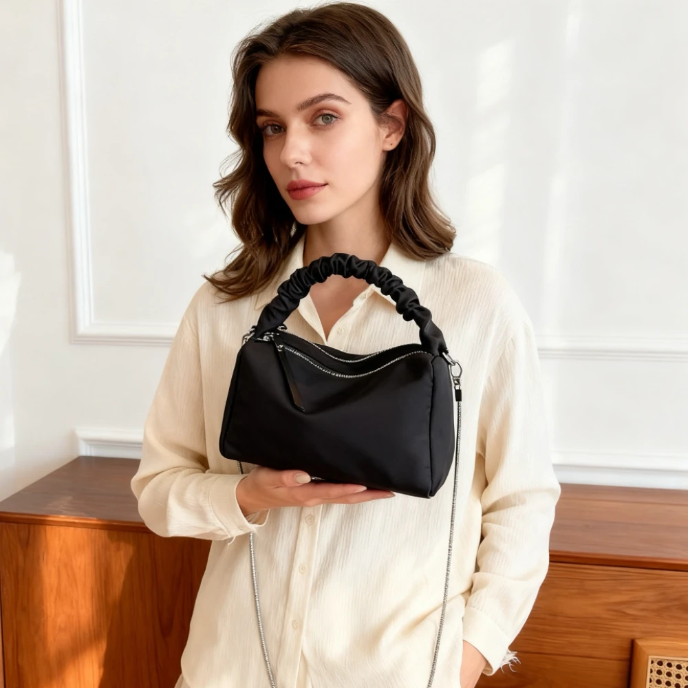 

Small Handbag Ladies' Crossbody Bag Minimalist Cloud Bag Korean Version Pleated Hand-held Casual Nylon Black White New 2025