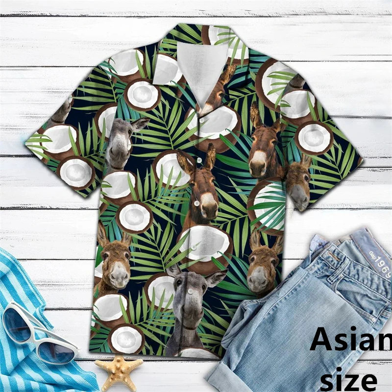 Impressão 3d engraçado burro camisas havaianas para roupas masculinas verão fazenda animal botão lapela camisa casual streetwear unisex blusa topos