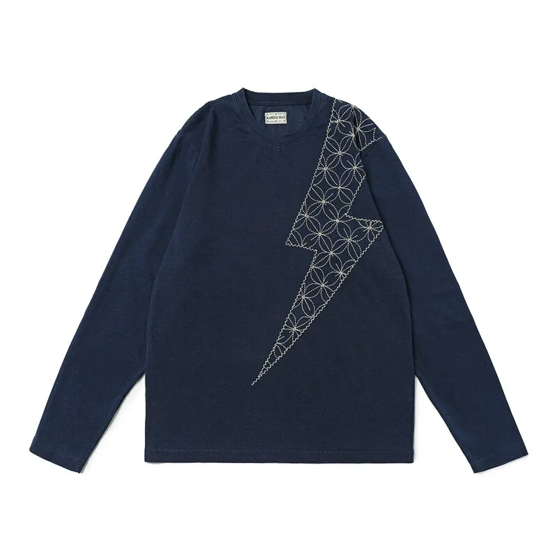 

Hiroshi Hirata Japanese Retro Men's Washed Blue Denim Color Lightning Embroidery Long-sleeved T-shirt