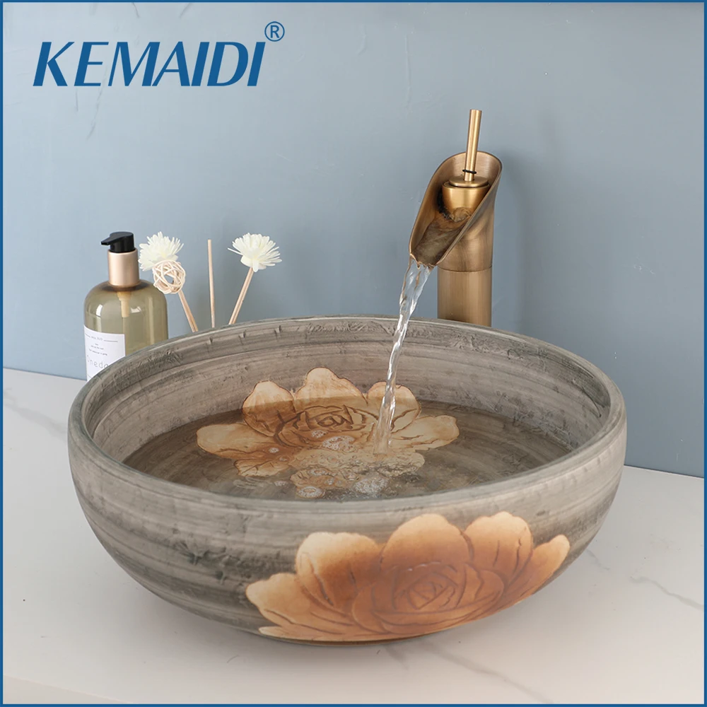 

KEMAIDI Hand Painting Bathroom Ceramic Basin Vessel Sinks Waterfall Faucet Drain Set Bathroom Basin Sink Round Ceramic Sinks