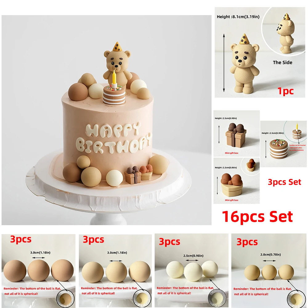 Bear Cake Topper Blowing Candles Bear Beige Brown Balls Gift Boxes for Kids Happy Birthday Cake Toppers Ins Style Cake Deoration