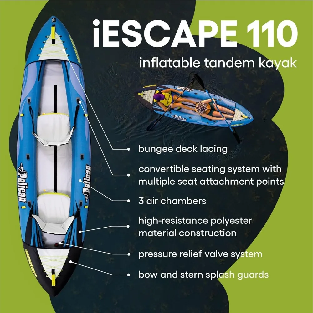 IESCAPE-Caiaque inflável, caiaque recreativo, compacto, estável e divertido, tudo em um, para 1 ou 2 pessoas