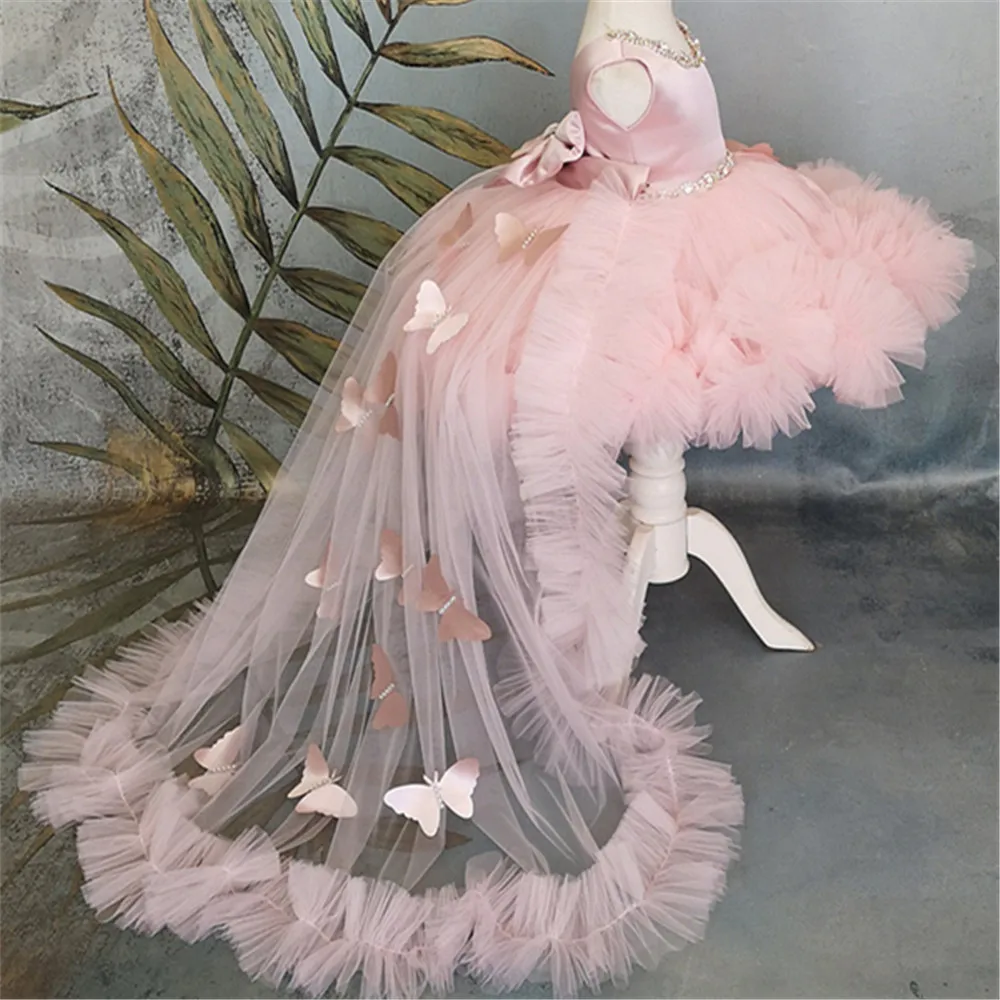 Ball Gown Flower Girl Dresses For Wedding With Detachable Train Toddlers Girls Ruffled Tulle Pageant Birthday Party Dress