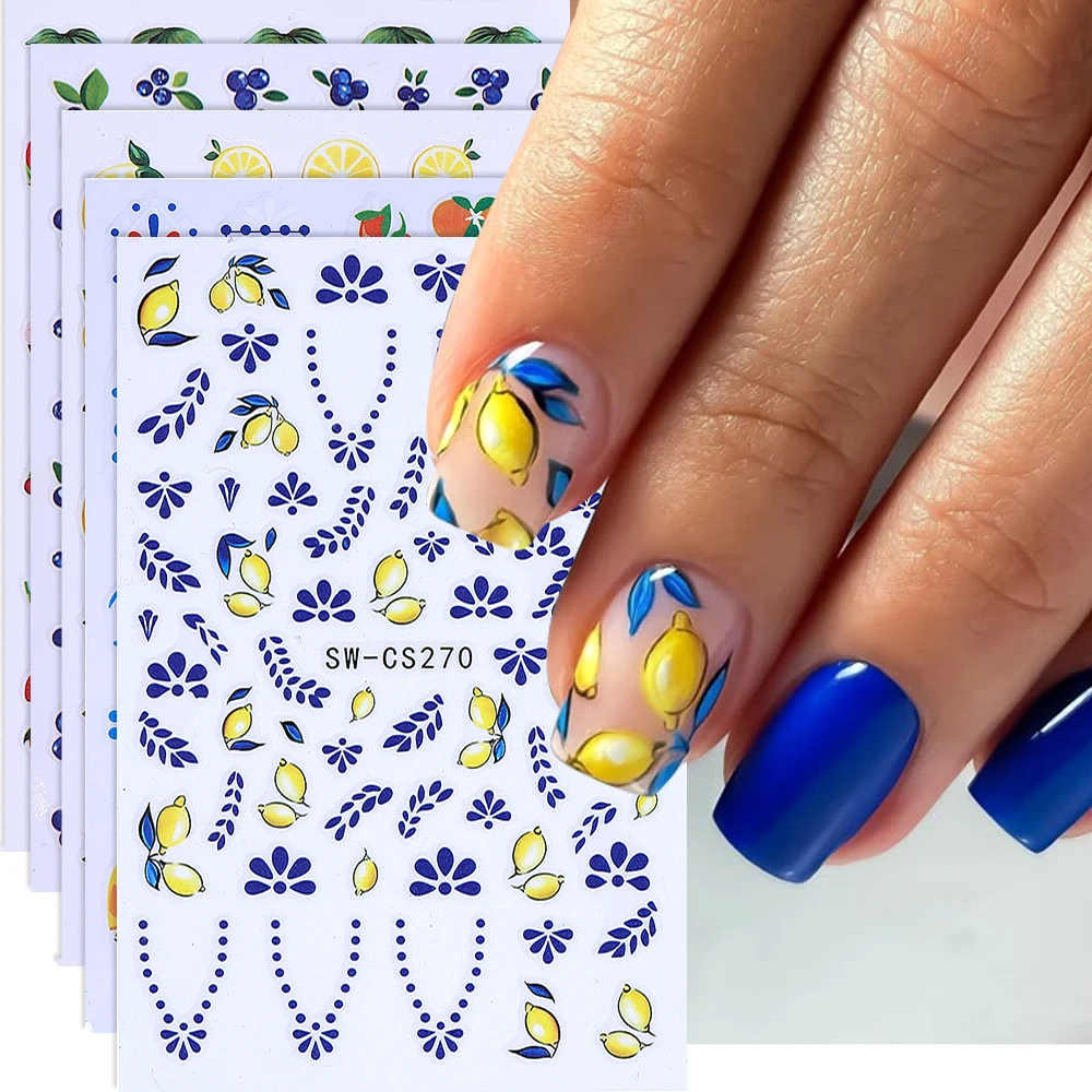 3/5 pçs 3d azul fruta boêmio etiqueta do prego dos desenhos animados limão laranja francês floral pétalas linhas folhas diy verão manicure decoração