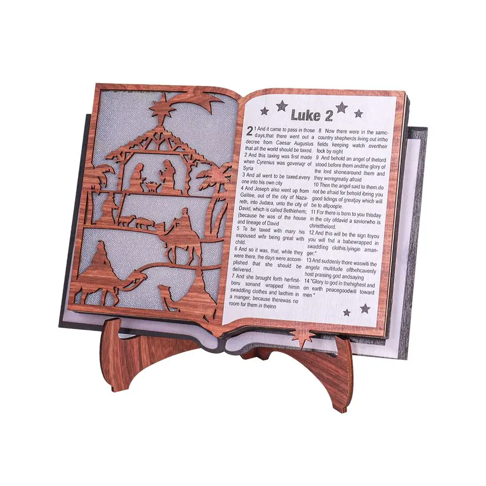 Estatuilla de escena de Natividad de Navidad, soporte de madera, libro, Biblia, artesanía de madera creativa, ambiente festivo para el hogar, arte LED con decoración Li K4M4