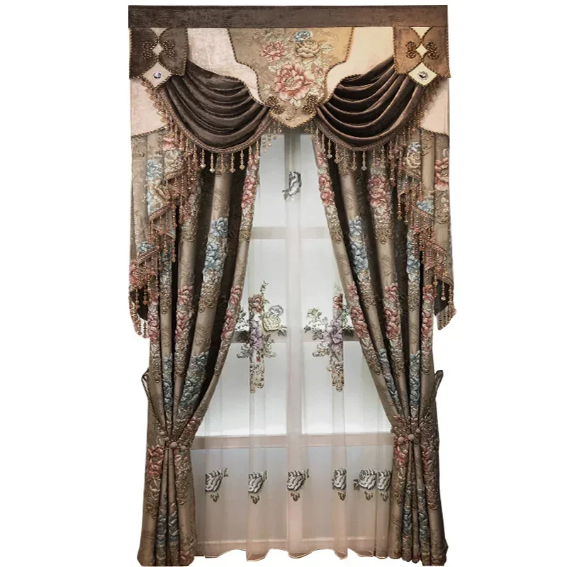 European Embroidery Brown Luxury Curtains For Living Room Bedroom Dining Blackout Brown Valance Decor Window Custom Relief