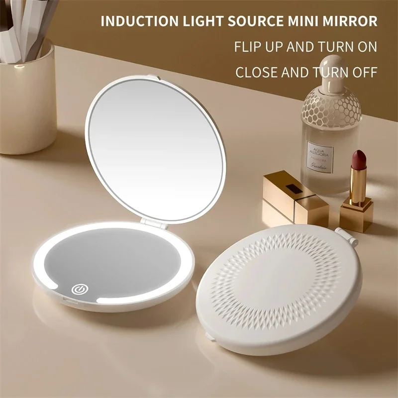 Magnification LED Pocket Mirror Portable Handheld Rechargeable Compact Cosmetic Mirror With Light Travel Round Folding