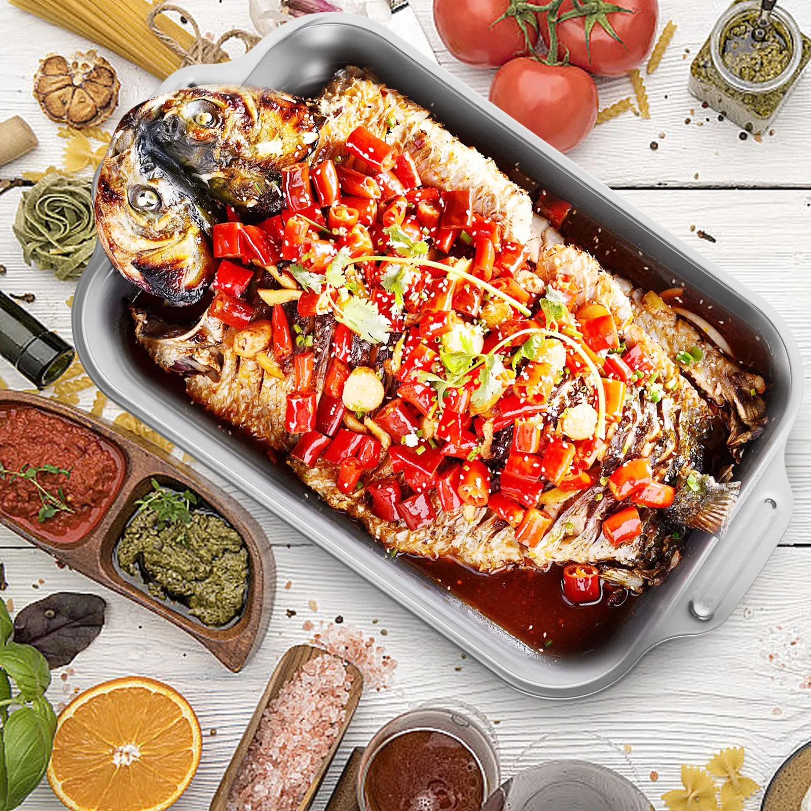 Stainless Steel Fish Roasting Pan Rectangular Metal Grilling Tray for Lobster Seafood Portable Easy Clean