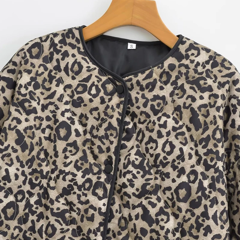 HXAO Leopard ocieplana kurtka damska kurtki krótkie płaszcze z długim rękawem O-Neck luźna pikowana kurtka ciepło lekkie kurtki z podszewką