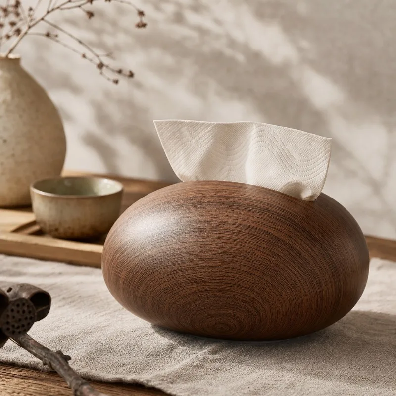 Creative Walnut Grain Pebble Tissue Box for Living Room Coffee Table Decor Dining Table Pull-Out Tissue Box Store Napkin Holder