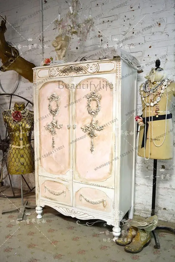 YJ American country solid wood carving flower children's wardrobe French retro old multi-functional locker bedroom wardrobe fur