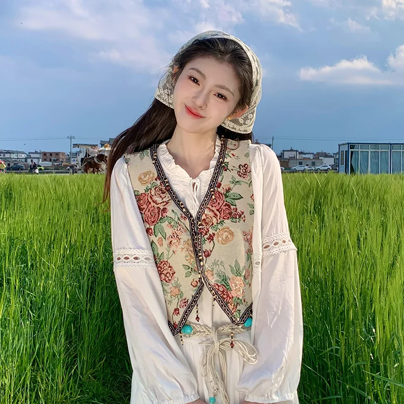 Retro Oil Painting Print Tassel Vest Women's Sleeveless Outerwear Short Style Polyester Fiber Match All Seasons