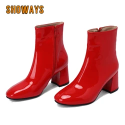 Stivaletti in pelle verniciata liscia lucida da donna Tacchi alti a blocchi Rosso Blu Verde Giallo Abito da ufficio Stivaletti corti in peluche invernali da donna