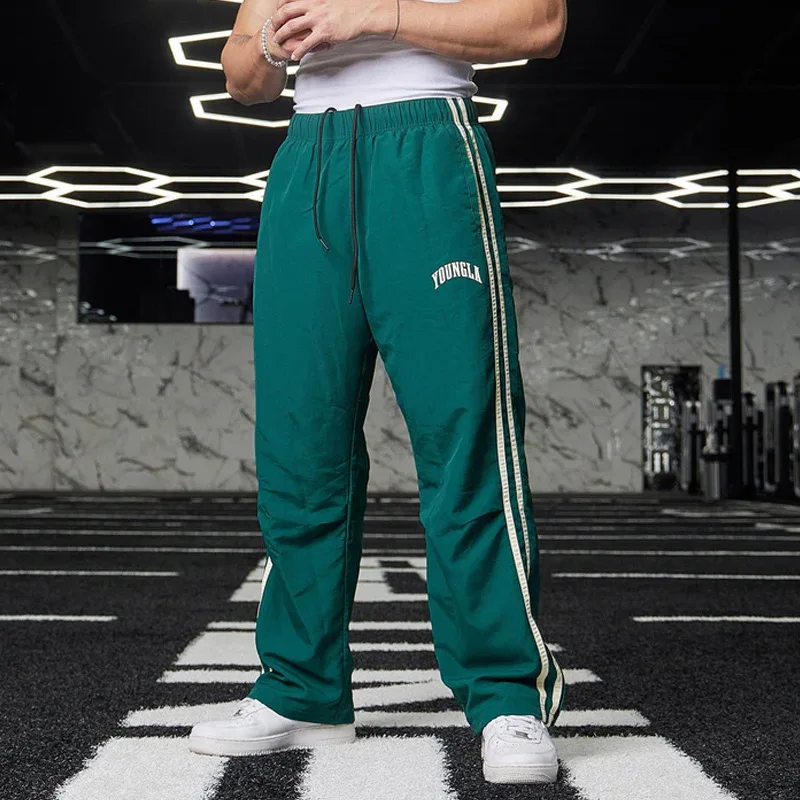 YOUNG Men\'s Sports Pants Double Strip Splicing Printed Casual Pants Gym Fitness Mid Waist Straight Leg Pants