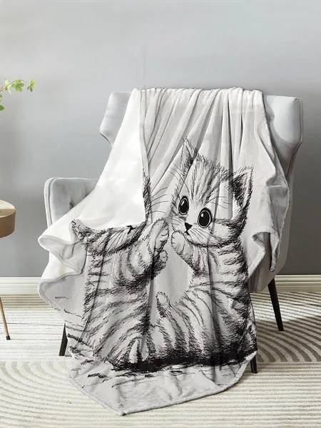 Adorable Sketch Style Kitten Print Soft Fleece Blanket Cozy Bed Cover for Home Decor