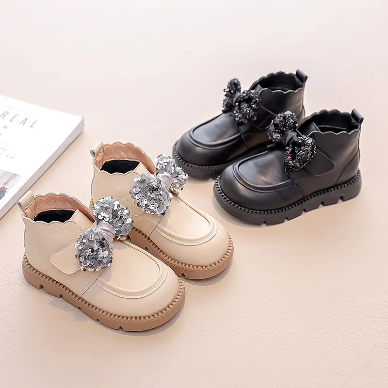 Girls Boots 2023 Winter Toddler Kids Princess Fashion Brand Chelsea High Top Shoes Children Bow Glitter High Top Warm Flatform