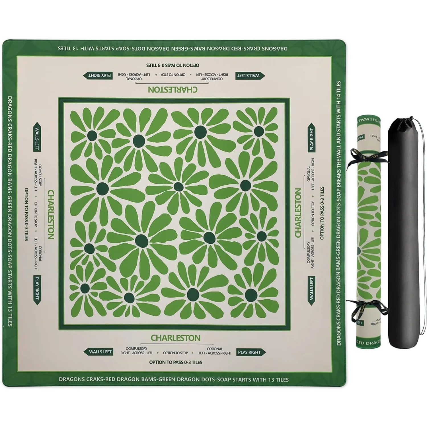31.5 Inch Green Floral Mahjong Mat with Carrying Bag Quiet Anti-Slip Table Cover for American Mahjong Poker Card Tile Games