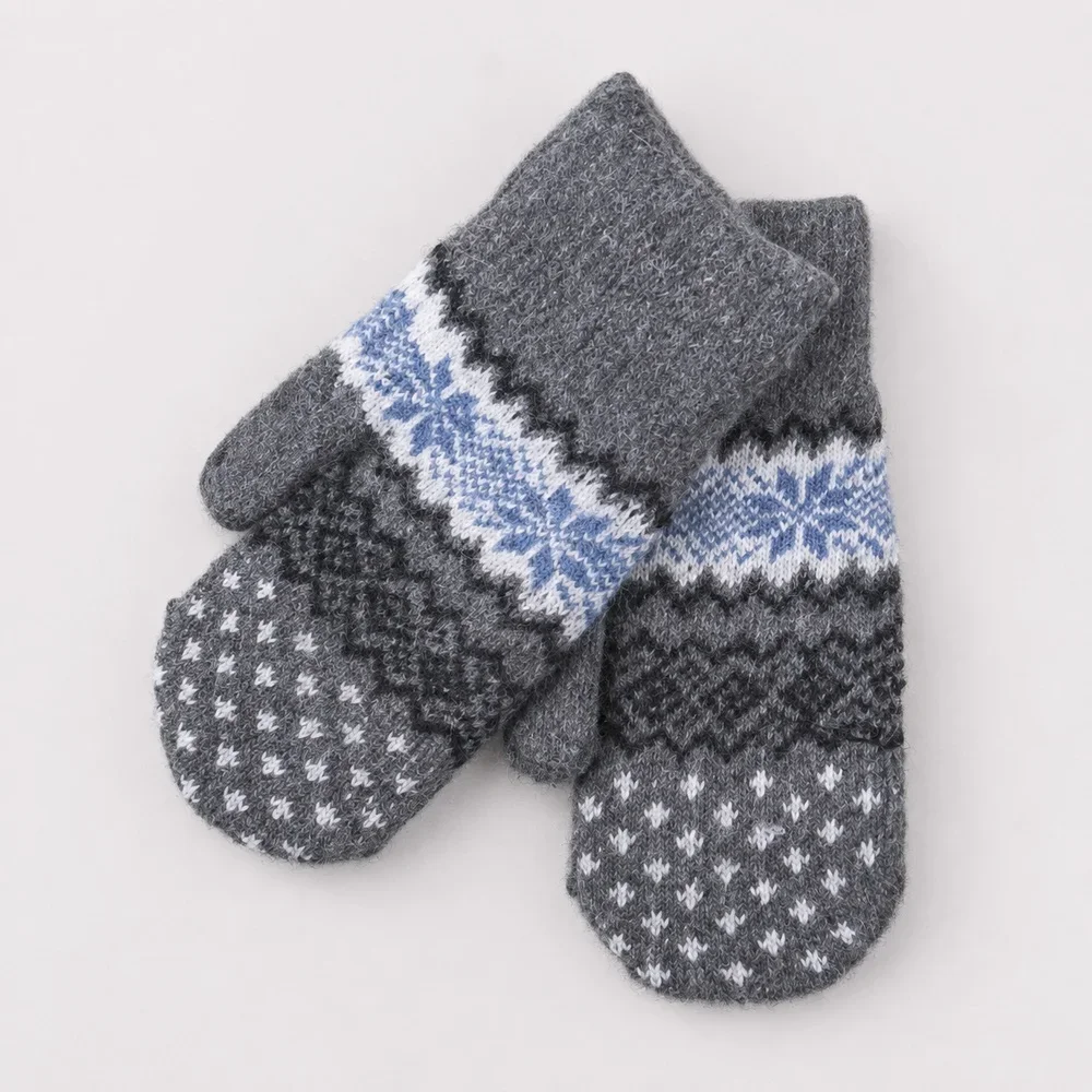 Dark Gray Snowflake Trim Fleece Lined Knit Gloves design winter cold weather warm handwear outdoor commuting walking driving