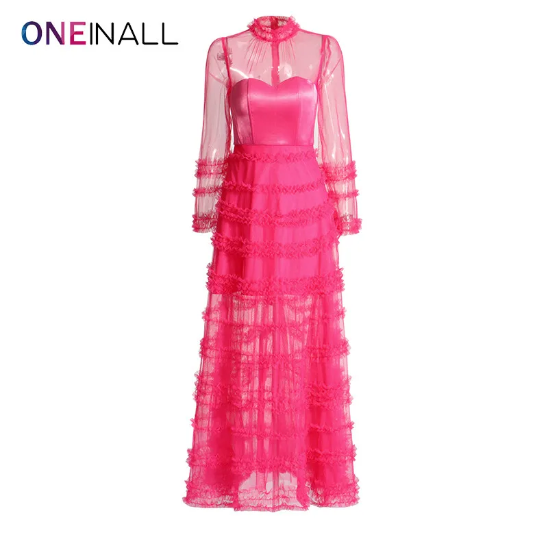 

ONEINALL Solid Patchwork Sheer Mesh Dress For Women Stand Collar Long Sleeve High Waist Spliced Ruffled Sexy Dresses Female New